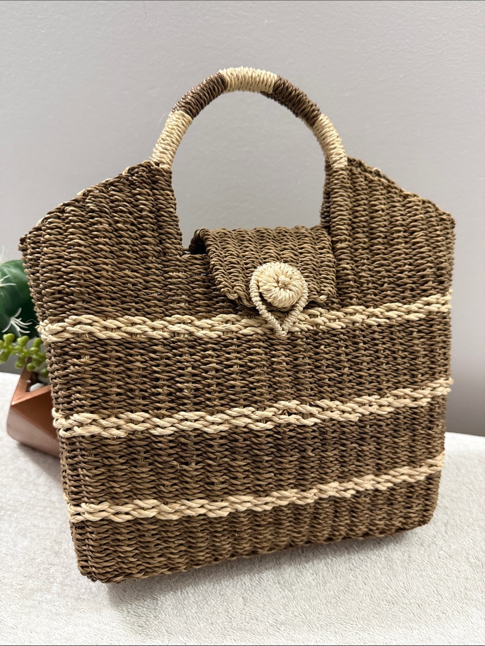 Woven Straw Tote Bag in Brown and Cream Rattan Hand Woven Beach Summer Purse Med
